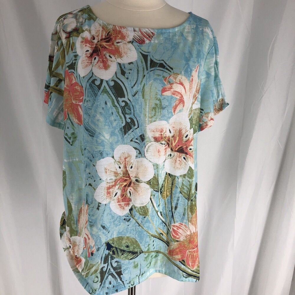 Tropical Floral Print T-Shirt Cotton Blend Casual Size 3 Chico's Women